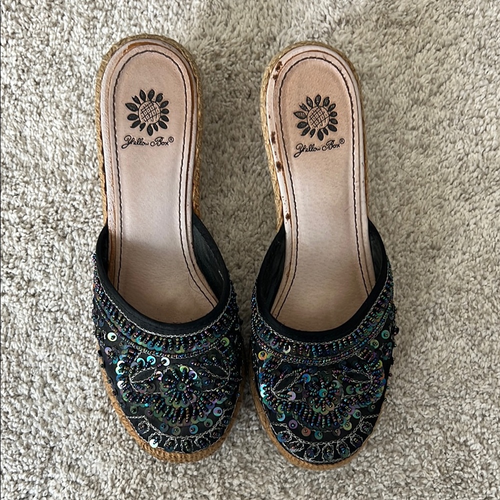 Yellow Box Black Beaded espadrille Mules Slip-On Shoes 7.5